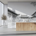 Traditional Courtyard Line Art Mural Wallpaper — Monochrome Sketch Mural Wallpaper - pure wallpaper artwork
