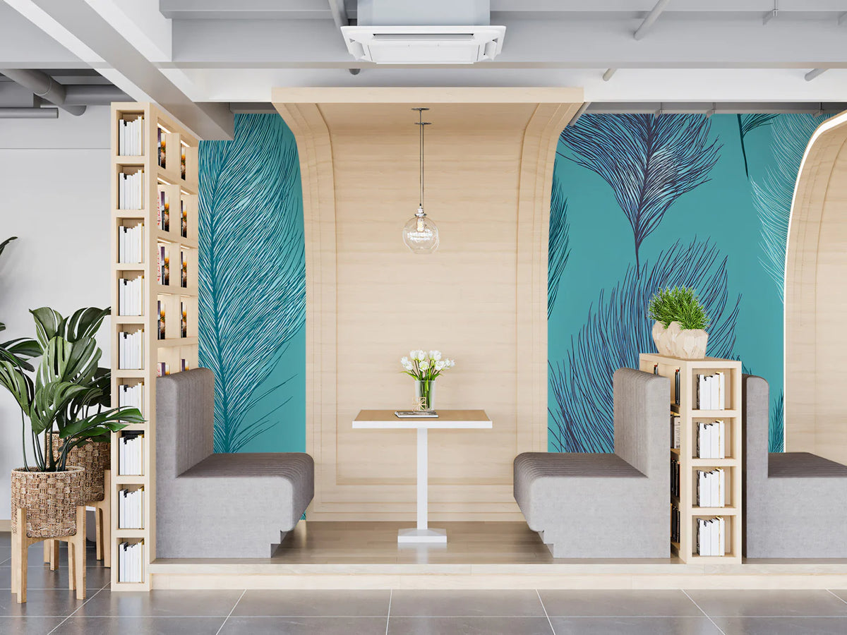 Turquoise Feather Line Art Mural Wallpaper — Ethereal Pattern Mural Wallpaper - pure wallpaper artwork