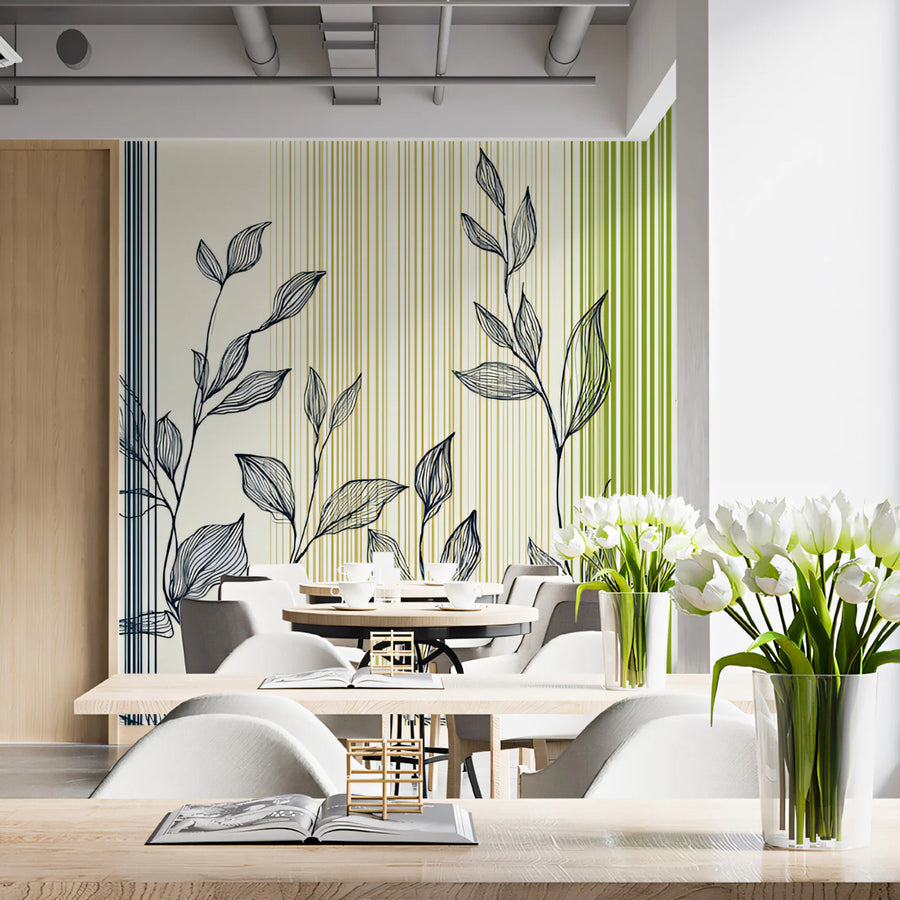 Linear Botanical Stripe Mural Wallpaper — Modern Nature Art Mural Wallpaper