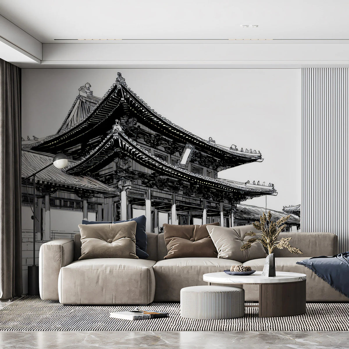 Imperial Palace Architectural Sketch Mural Wallpaper —Monochrome Mural Wallpaper - pure wallpaper artwork