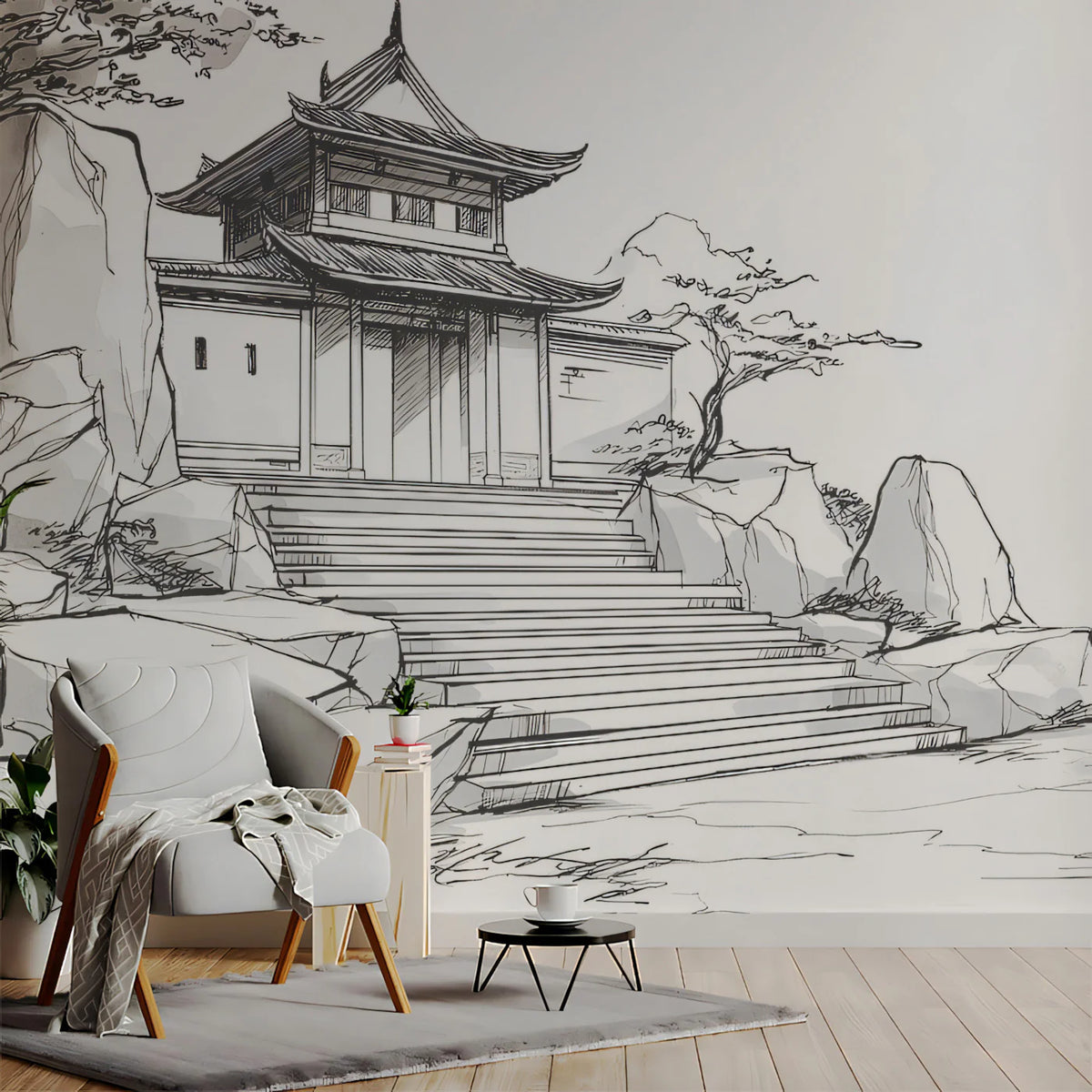 Ink Wash Temple Gate Mural Wallpaper — Architectural Sketch Design Mural Wallpaper - pure wallpaper artwork