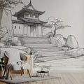 Ink Wash Temple Gate Mural Wallpaper — Architectural Sketch Design Mural Wallpaper - pure wallpaper artwork