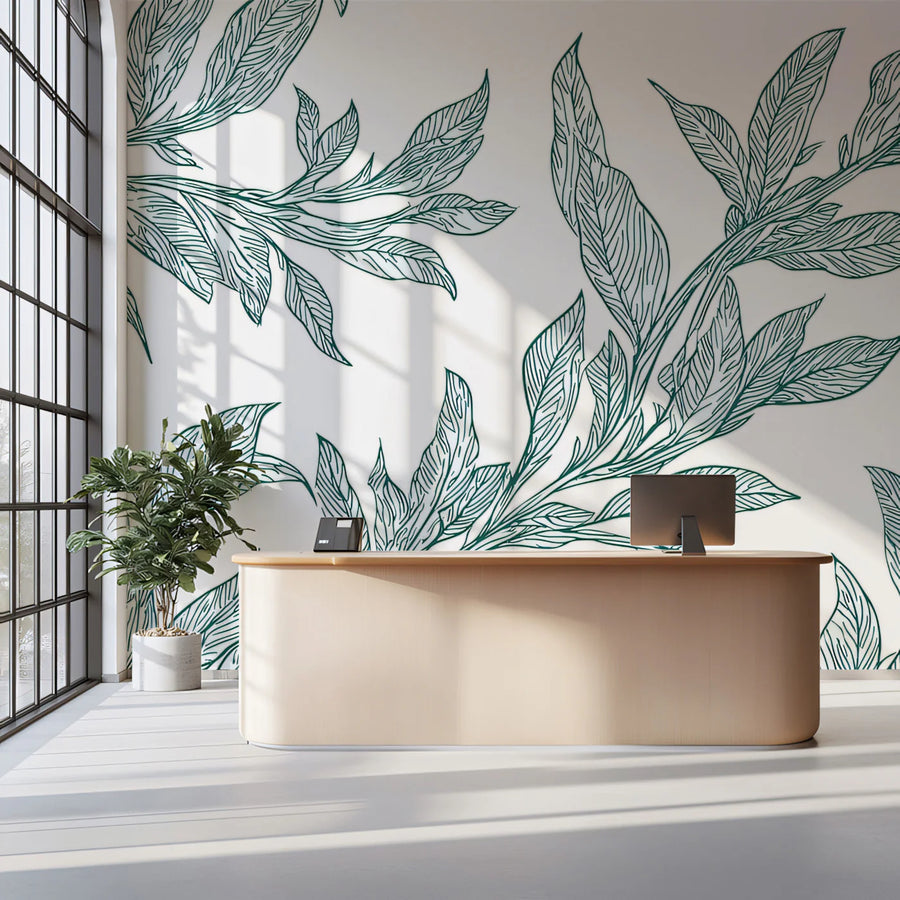 Green Botanical Sketch Mural Wallpaper — Delicate Vine Pattern Mural Wallpaper