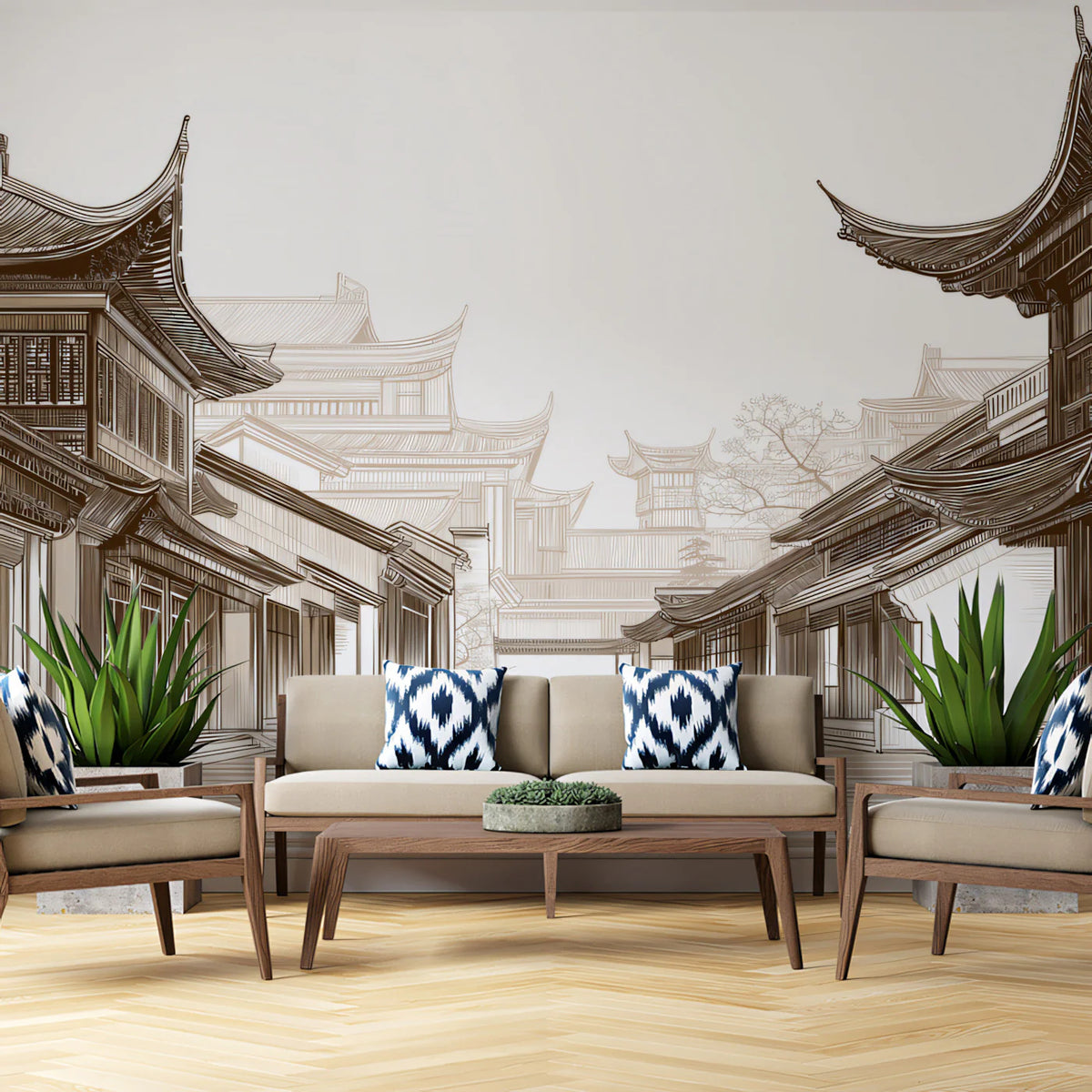 Ancient Architecture Mural Wallpaper — Sepia Line Drawing Mural Wallpaper - pure wallpaper artwork