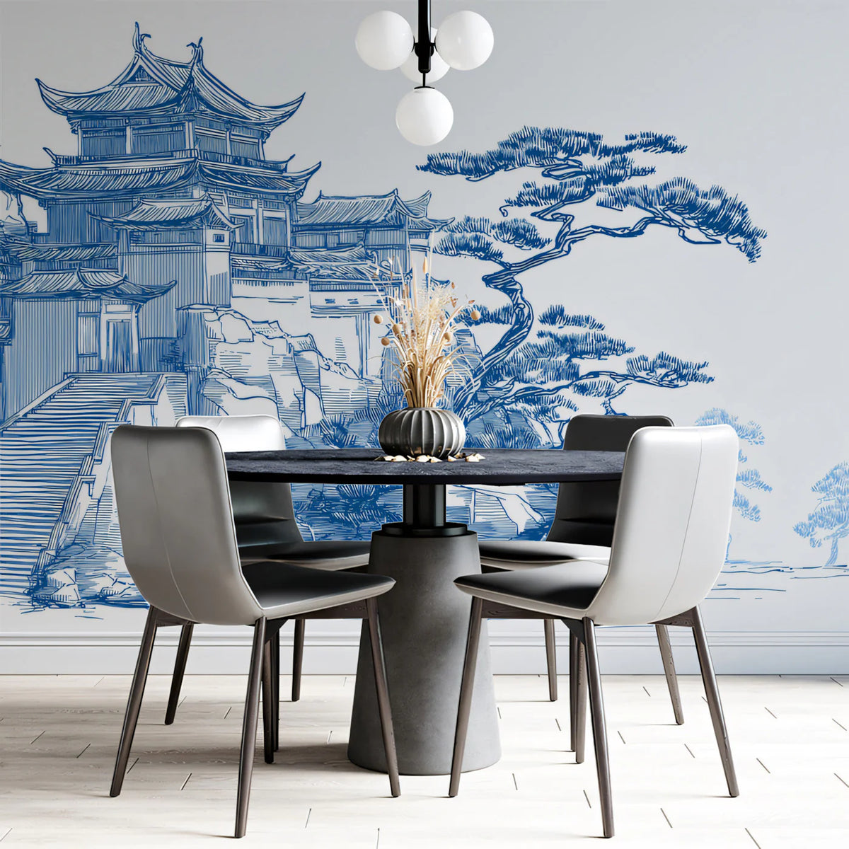 Blue Ink Temple Mural Wallpaper — Traditional Landscape Sketch Mural Wallpaper - pure wallpaper artwork