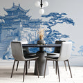 Blue Ink Temple Mural Wallpaper — Traditional Landscape Sketch Mural Wallpaper - pure wallpaper artwork