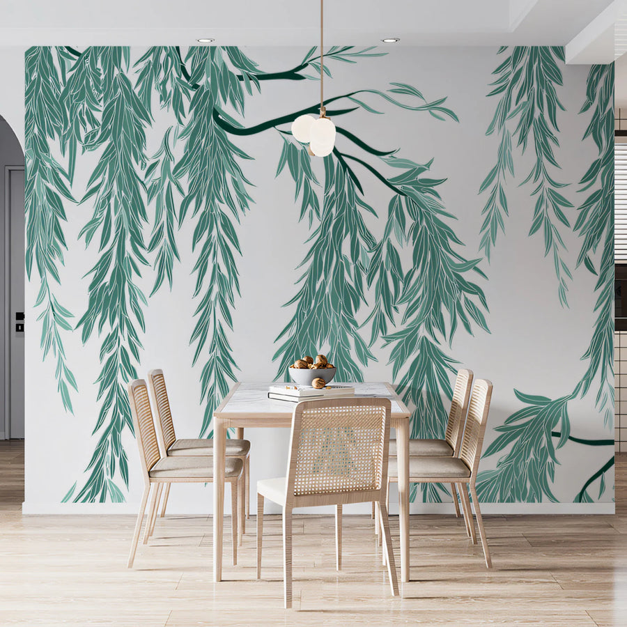 Cascading Willow Branch Mural Wallpaper — Minimalist Botanical Art Mural Wallpaper