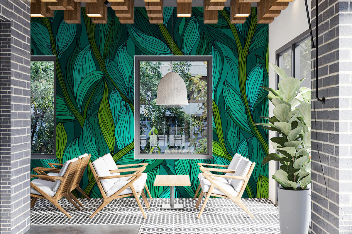 Emerald Foliage Mural Wallpaper — Dense Botanical Line Art Mural Wallpaper - pure wallpaper artwork