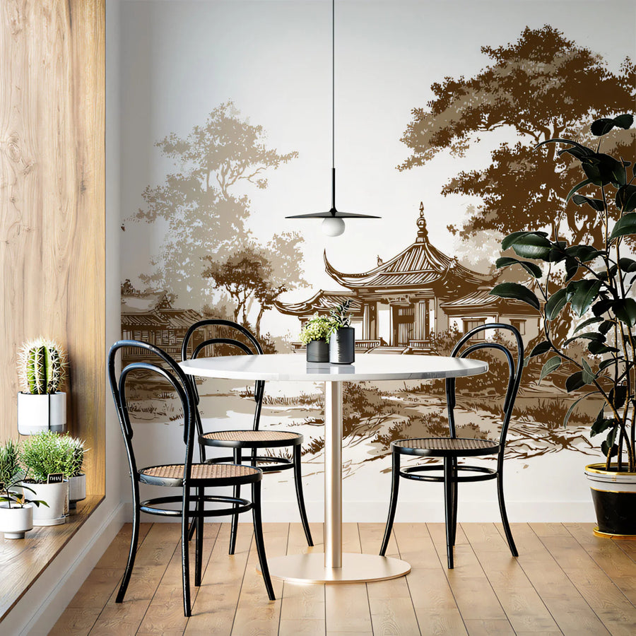 Traditional Pavilion Landscape Mural Wallpaper Vintage Sketch Art Mural Wallpaper