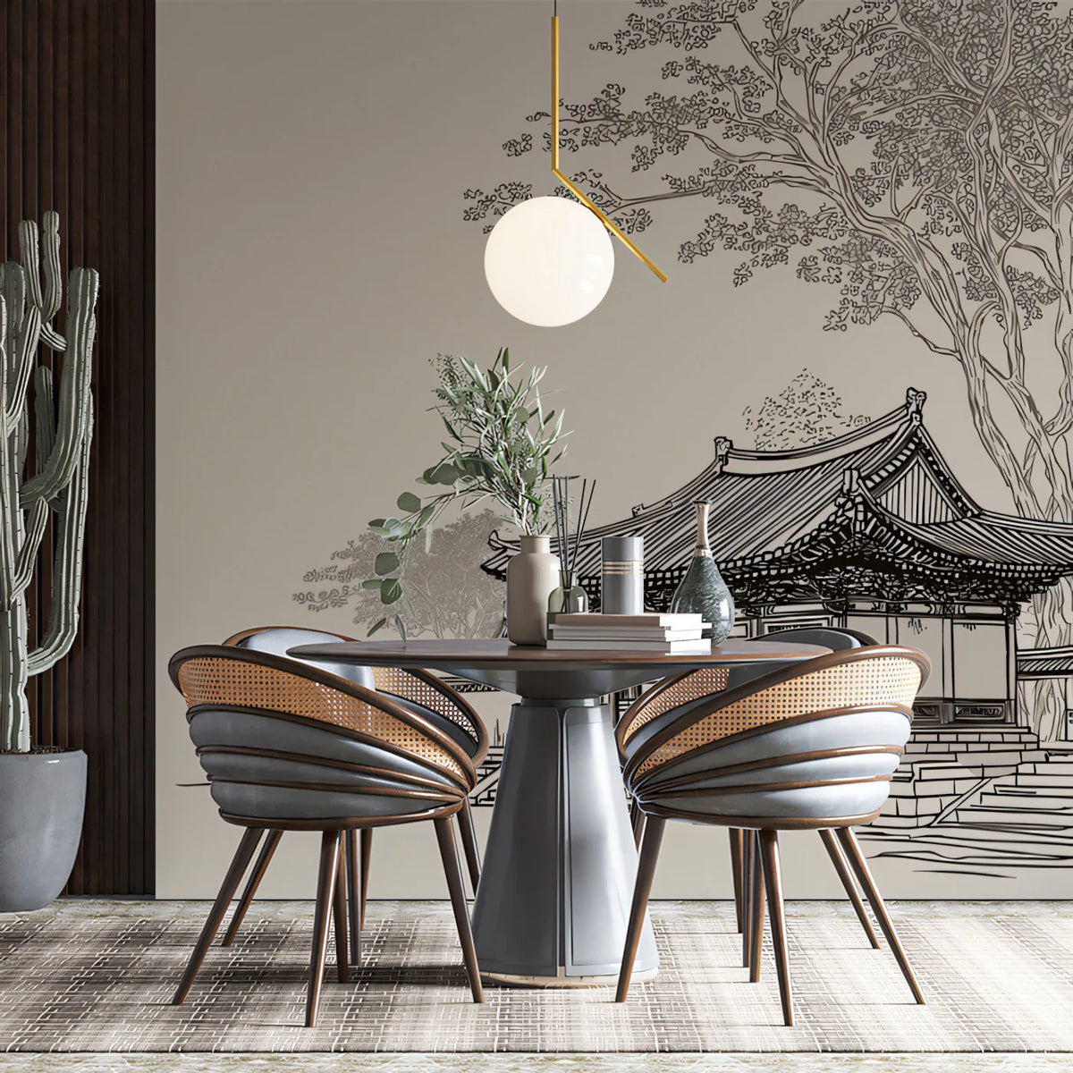East Asian Pavilion Mural Wallpaper — Zen Line Art Illustration Mural Wallpaper - pure wallpaper artwork