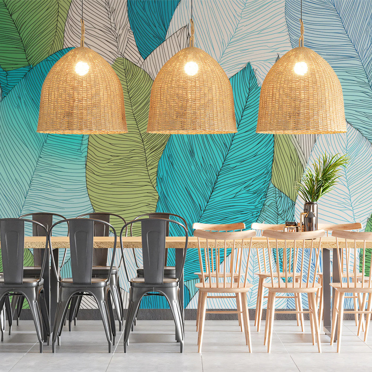 Abstract Teal and Lime Leaf Mural Wallpaper — Modern Botanical Mural Wallpaper - pure wallpaper artwork