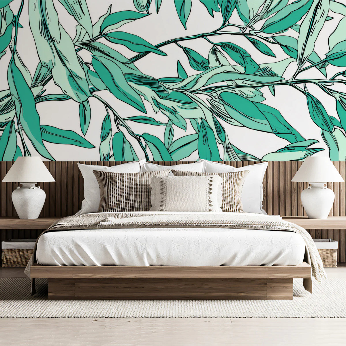 Teal Willow Branch Mural Wallpaper — Artistic Botanical Illustration Mural Wallpaper - pure wallpaper artwork