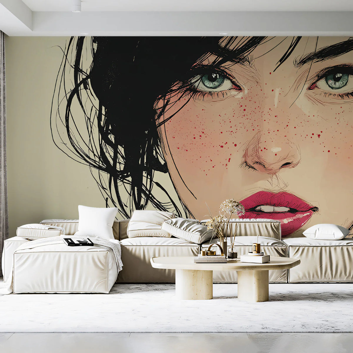 Freckled Portrait Sketch Mural Wallpaper — Expressive Line Art Mural Wallpaper - pure wallpaper artwork