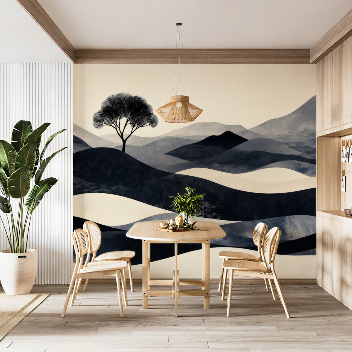 Zen Solitary Tree Landscape Mural Wallpaper — Minimalist Charcoal Mural Wallpaper - pure wallpaper artwork