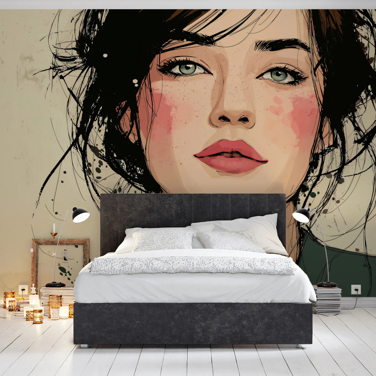Illustrated Female Portrait Mural Wallpaper — Romantic Sketch Style Mural Wallpaper - pure wallpaper artwork