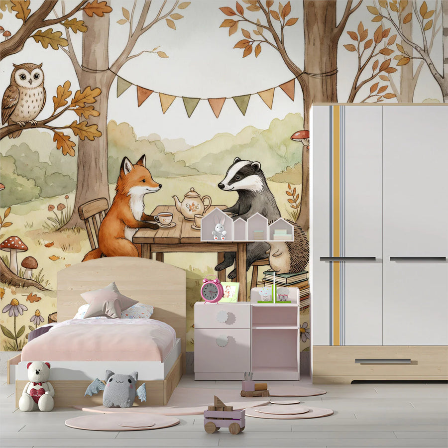 Forest Tea Party Woodland Animal Mural Wallpaper — Whimsical Decor Mural Wallpaper