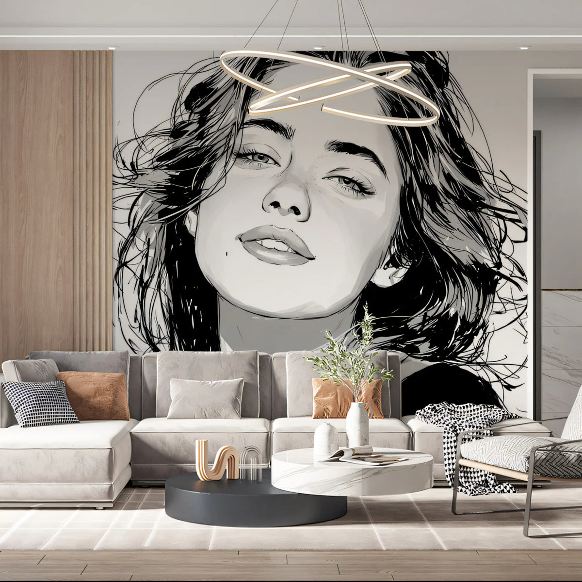 Monochromatic Portrait Mural Wallpaper — Expressive Line Art Mural Wallpaper - pure wallpaper artwork