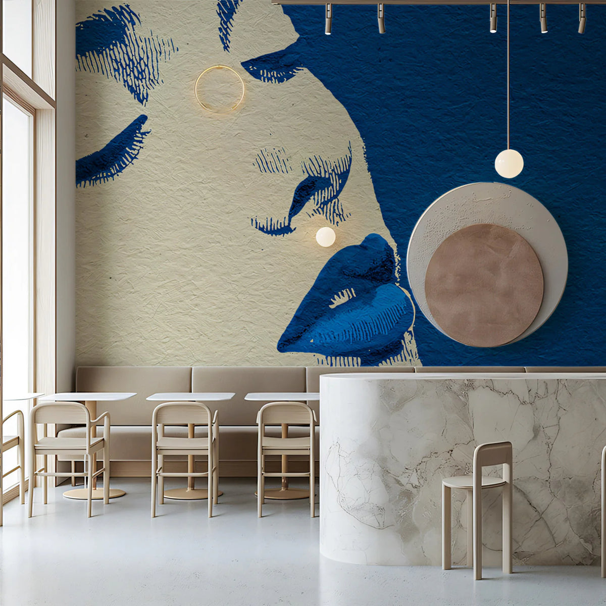 Cyanotype Portrait Mural Wallpaper — Artistic Indigo Silhouette Mural Wallpaper - pure wallpaper artwork