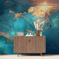 Celestial Turquoise & Gold Fluid Art Mural Wallpaper - pure wallpaper artwork