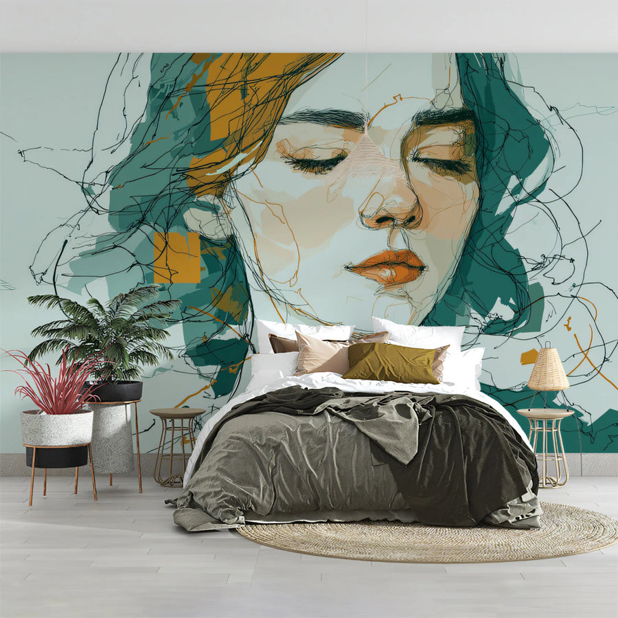 Abstract Scribble Portrait Mural Wallpaper in Teal and Ochre Mural Wallpaper