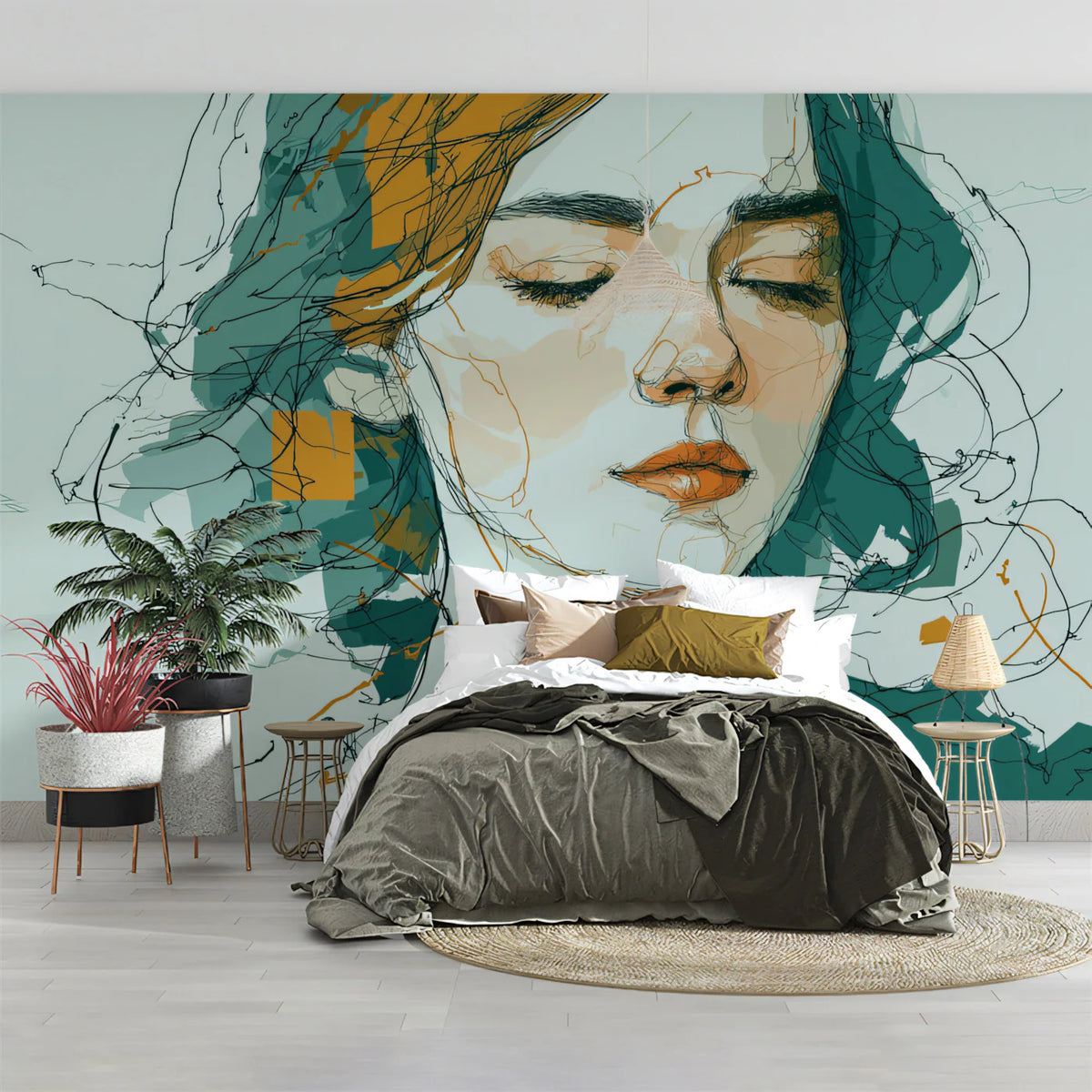 Abstract Scribble Portrait Mural Wallpaper in Teal and Ochre Mural Wallpaper - pure wallpaper artwork