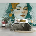 Abstract Scribble Portrait Mural Wallpaper in Teal and Ochre Mural Wallpaper - pure wallpaper artwork