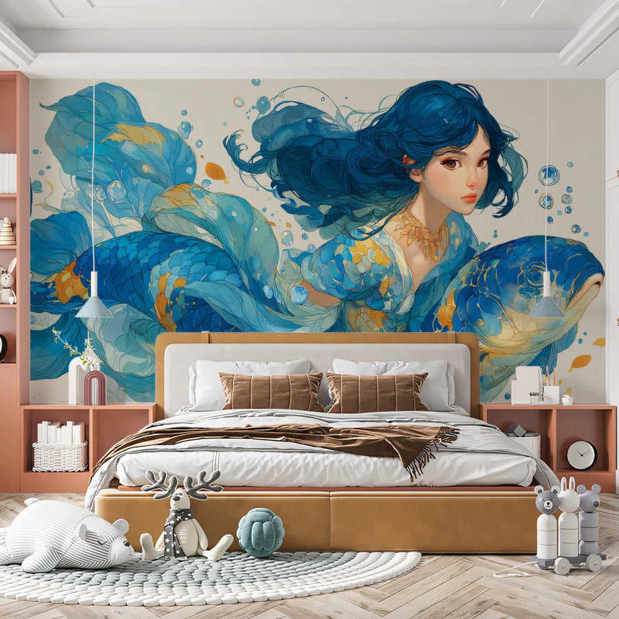 Mermaid and Koi Fish Mural Wallpaper — Whimsical Aquatic Art Mural Wallpaper