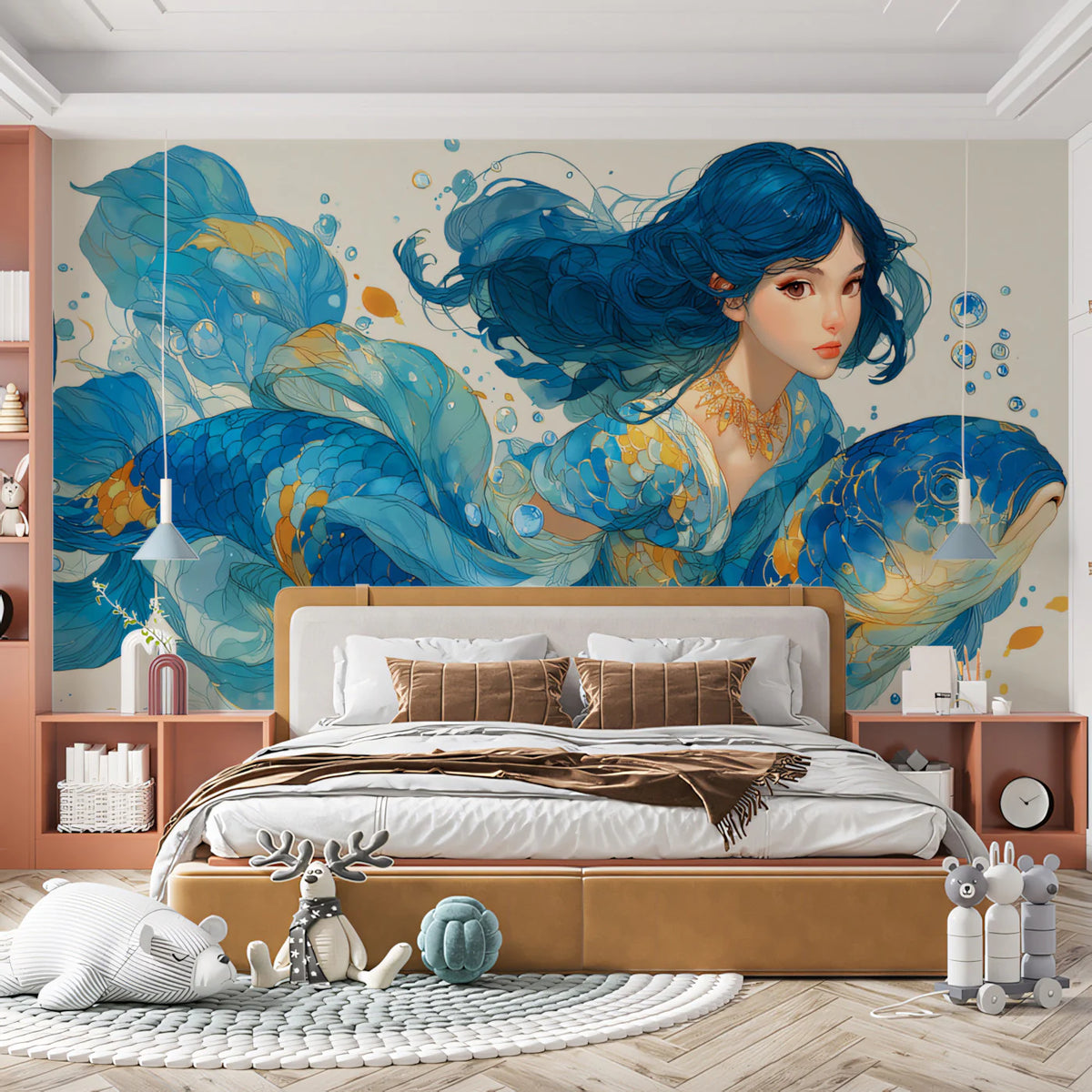 Mermaid and Koi Fish Mural Wallpaper — Whimsical Aquatic Art Mural Wallpaper - pure wallpaper artwork