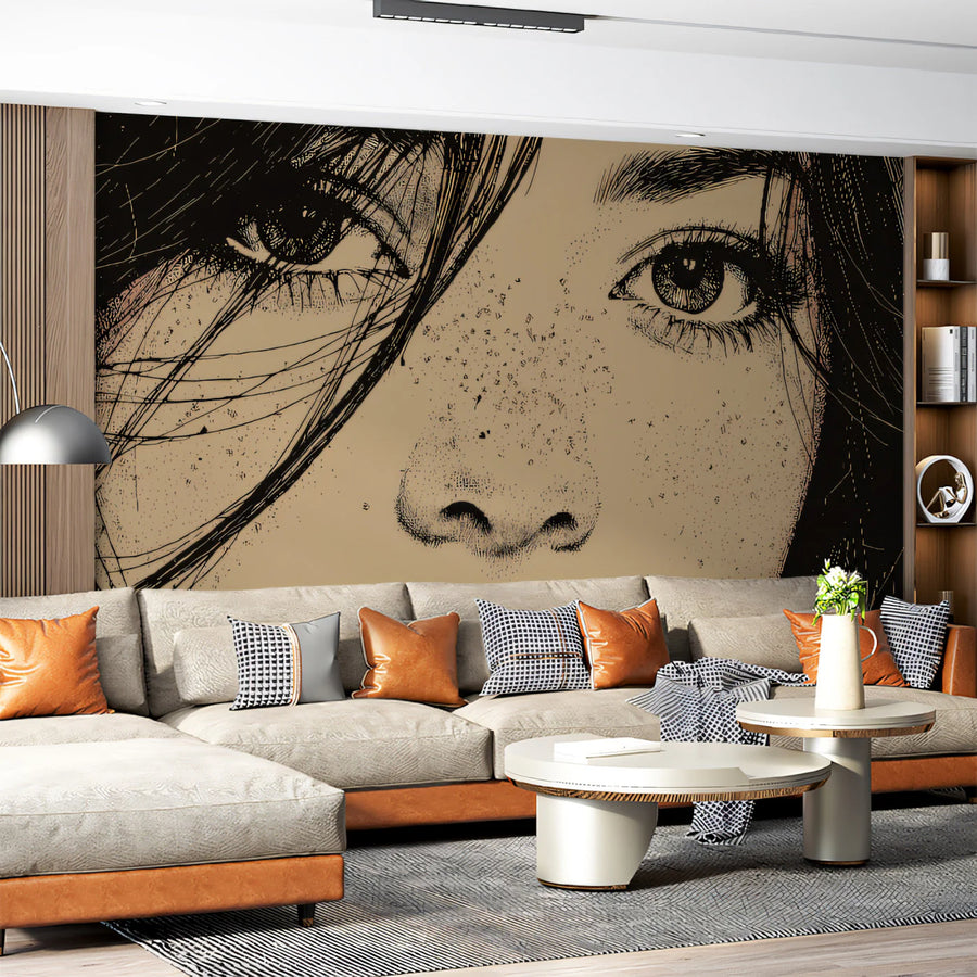 Stippled Portrait Illustration Mural Wallpaper — Artistic Sketch Mural Wallpaper