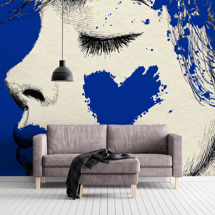 Blue Heart Portrait Mural Wallpaper — Urban Pop Art Sketch Mural Wallpaper