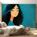 Dreaming Girl Illustration Mural Wallpaper — Artistic Teal Portrait Mural Wallpaper - pure wallpaper artwork