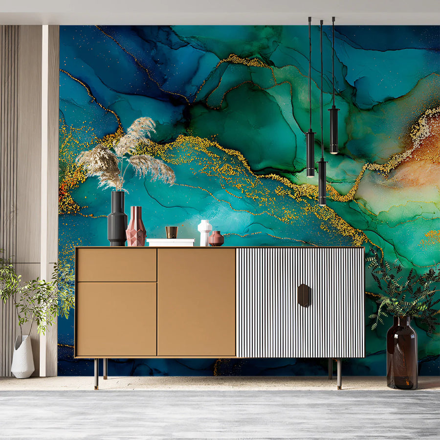 Emerald and Gold Fluid Ink Mural Wallpaper — Modern Abstract Mural Wallpaper