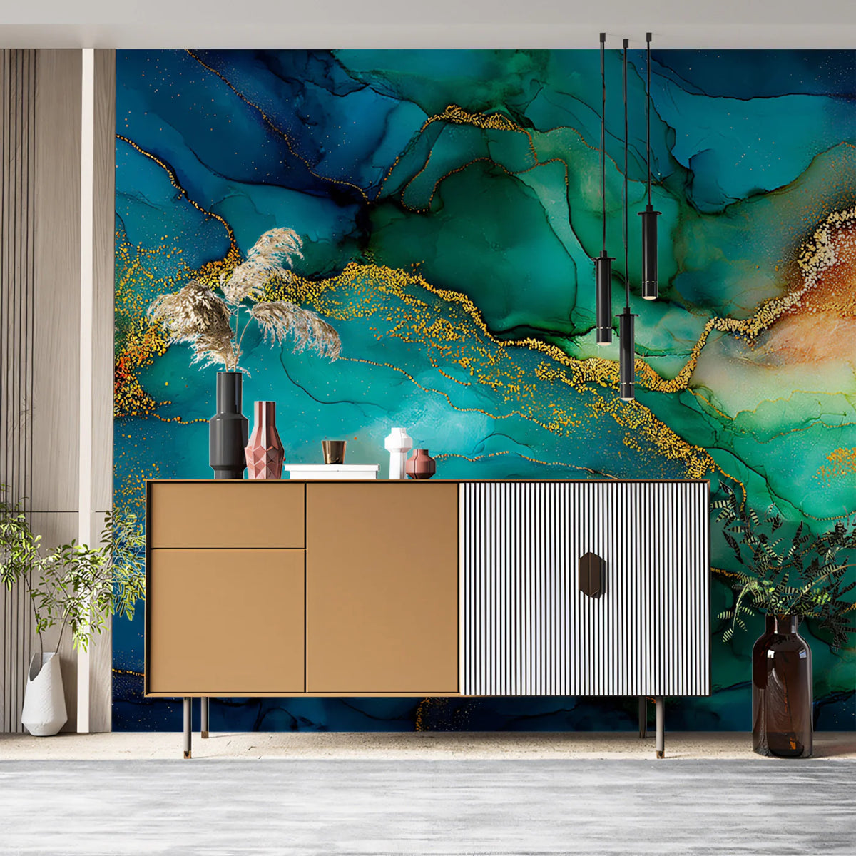 Emerald and Gold Fluid Ink Mural Wallpaper — Modern Abstract Mural Wallpaper - pure wallpaper artwork