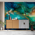 Emerald and Gold Fluid Ink Mural Wallpaper — Modern Abstract Mural Wallpaper - pure wallpaper artwork