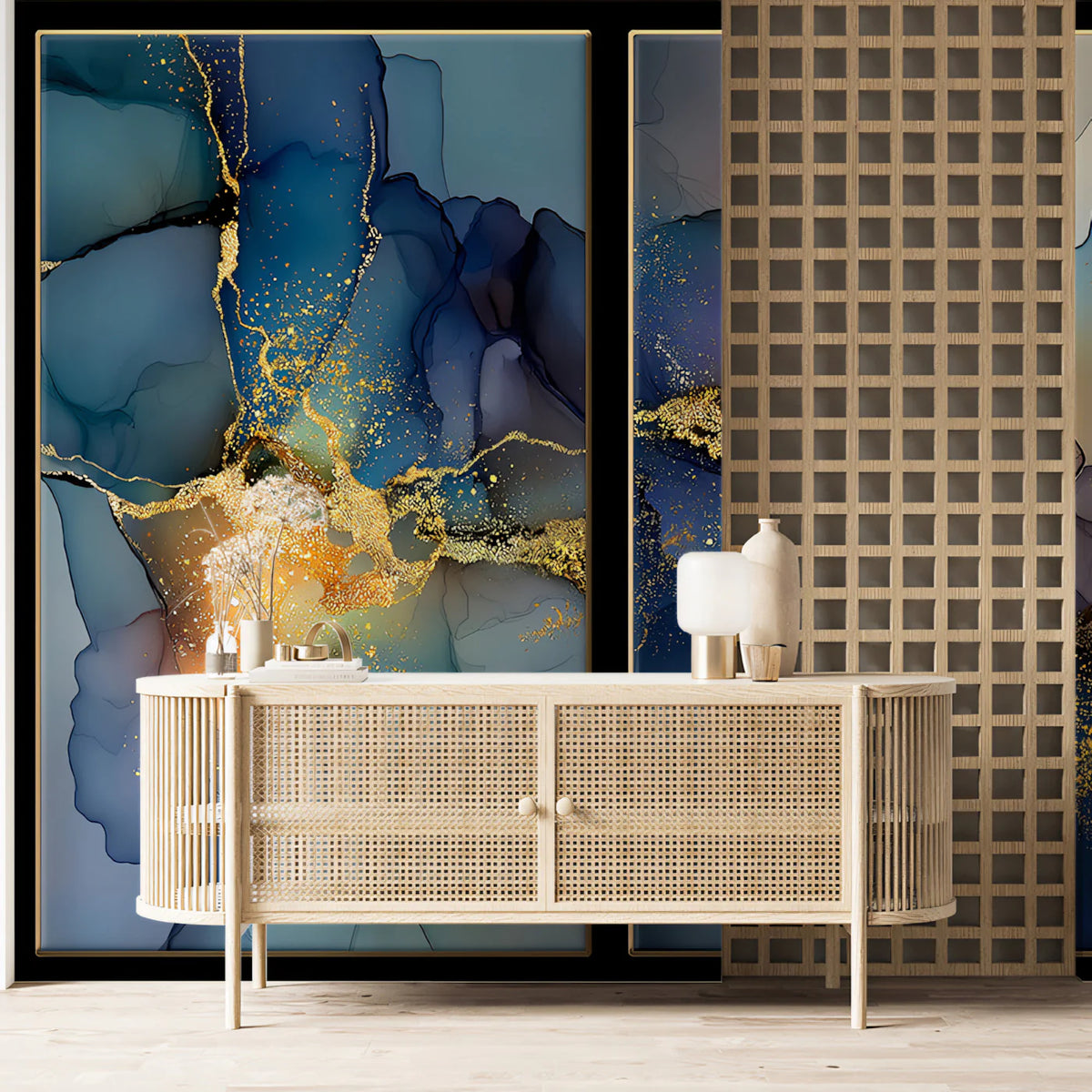 Midnight Gold Triptych Mural Wallpaper — Modern Fluid Art Mural Wallpaper - pure wallpaper artwork