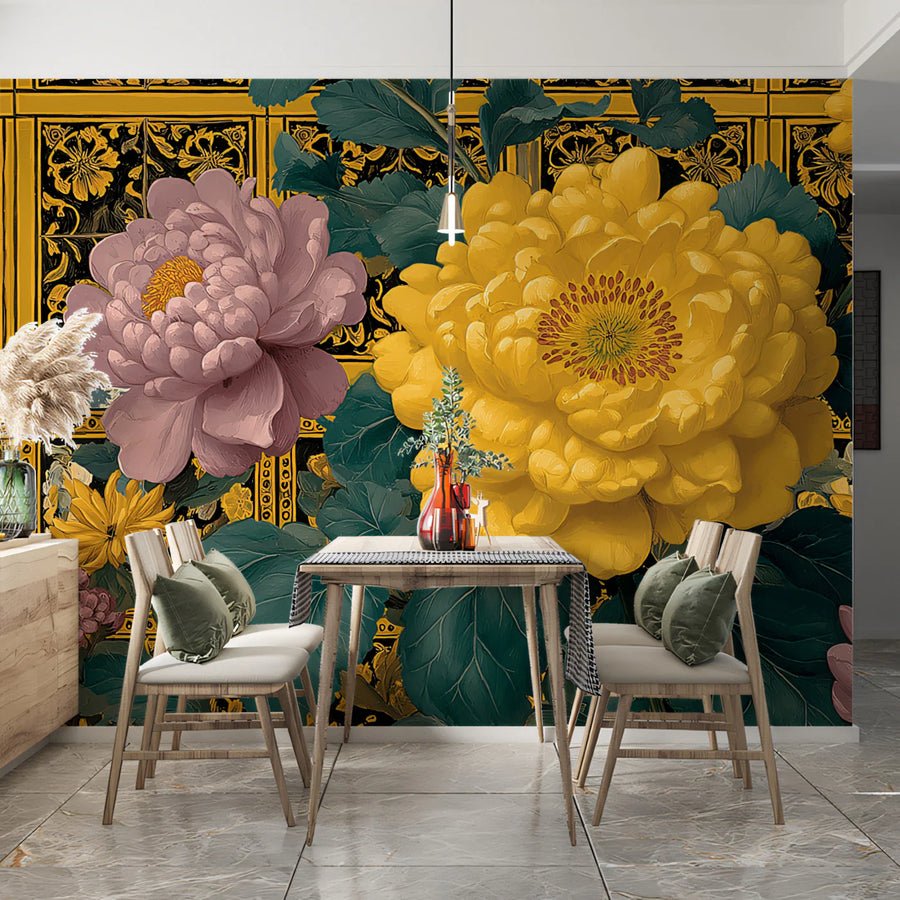 Chinoiserie Peony Patterned Tile Mural Wallpaper Yellow and Pink Florals, Ornate Traditional Backdrop Mural Wallpaper