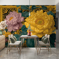 Chinoiserie Peony Patterned Tile Mural Wallpaper Yellow and Pink Florals, Ornate Traditional Backdrop Mural Wallpaper - pure wallpaper artwork
