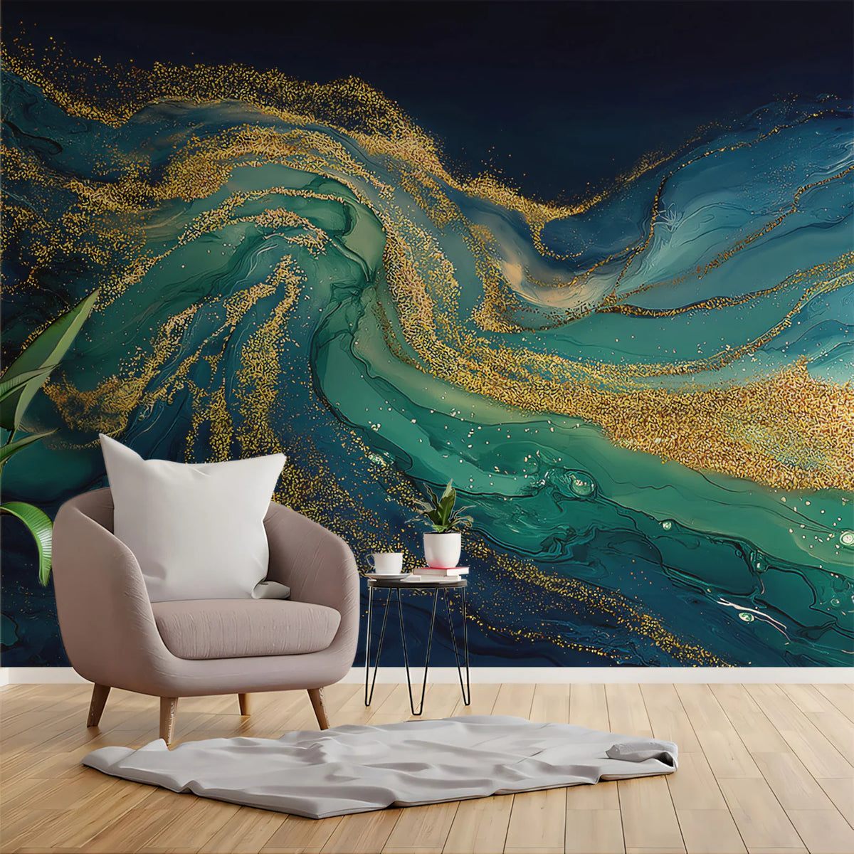 Deep Teal and Gold Fluid Art Mural Wallpaper — Luxe Abstract Motion Mural Wallpaper - pure wallpaper artwork