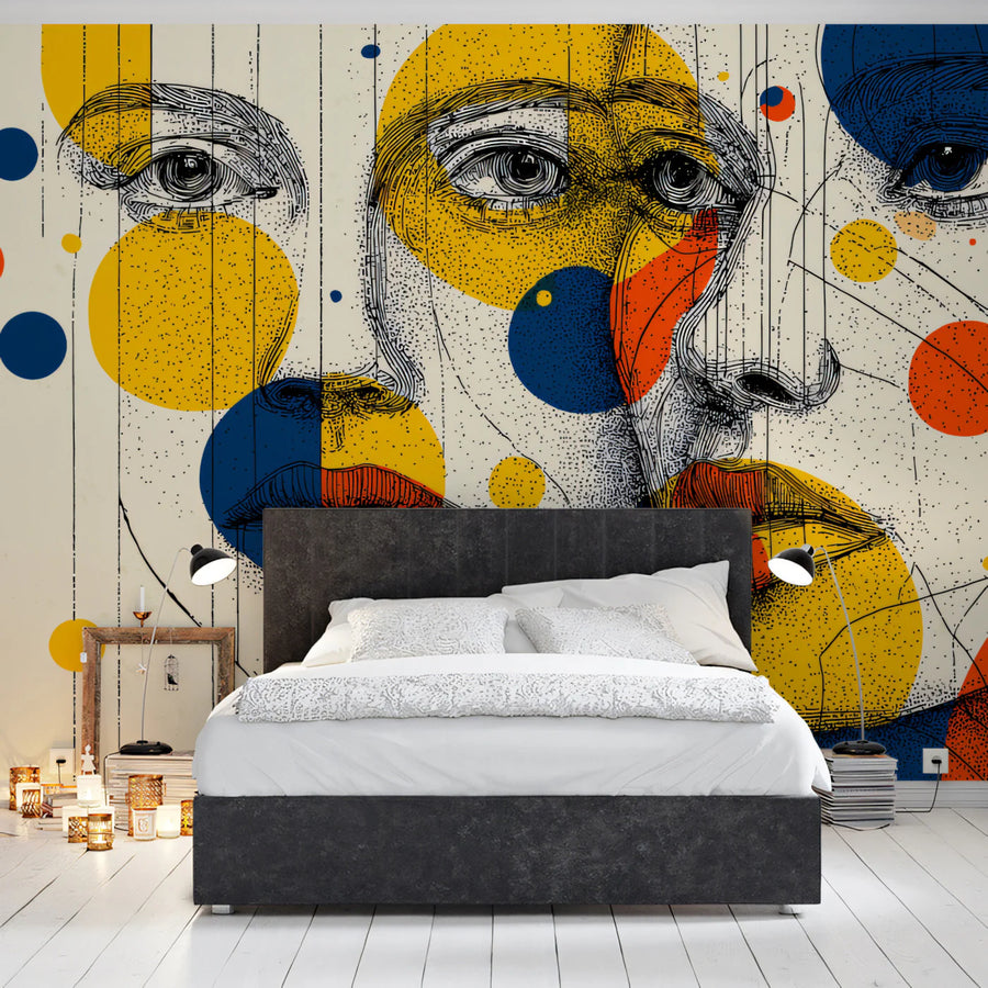 Abstract Face Line Art Mural Wallpaper — Pop Art Influence Mural Wallpaper