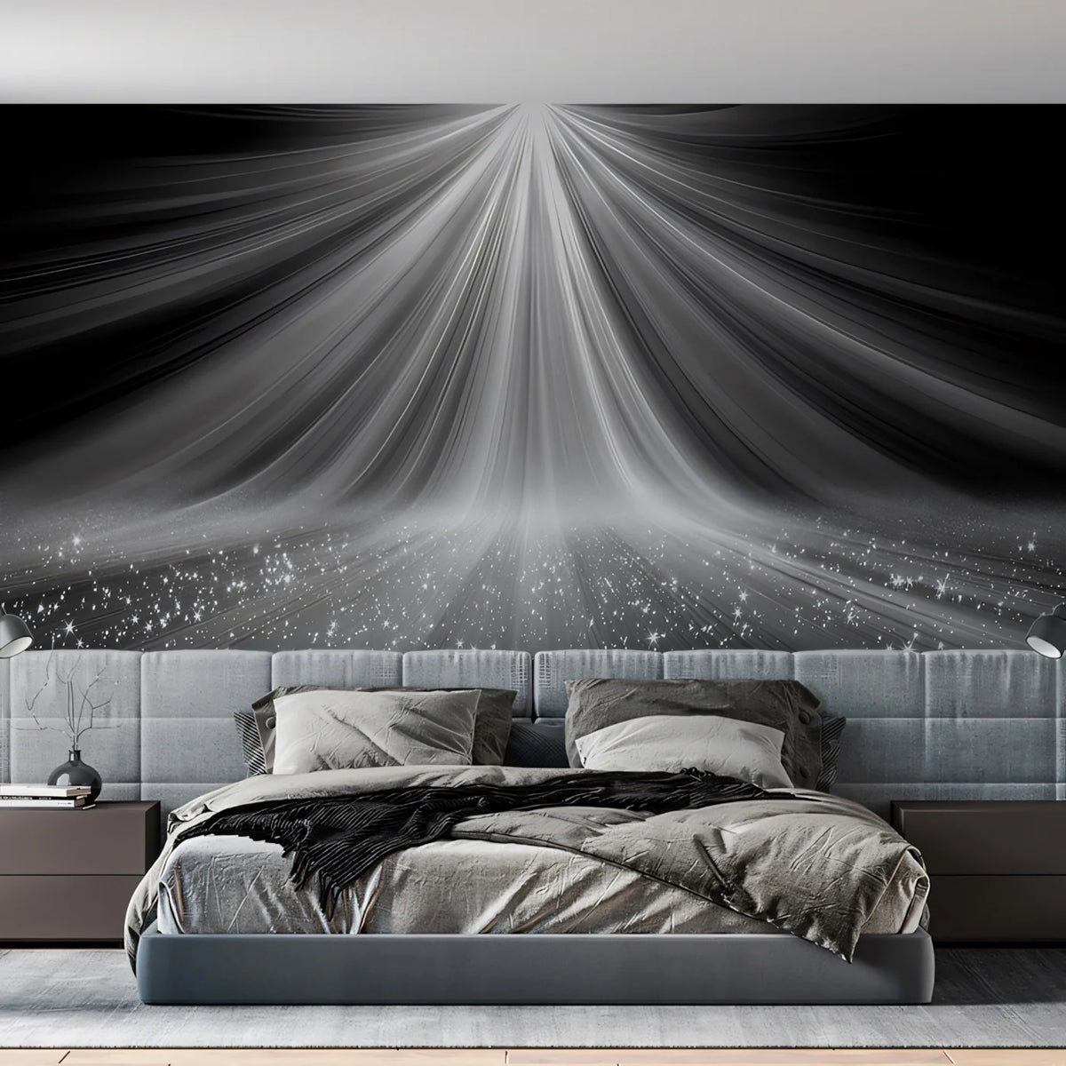 Stellar Radiance Light Beam Mural Wallpaper — Dramatic Monochrome Mural Wallpaper - pure wallpaper artwork