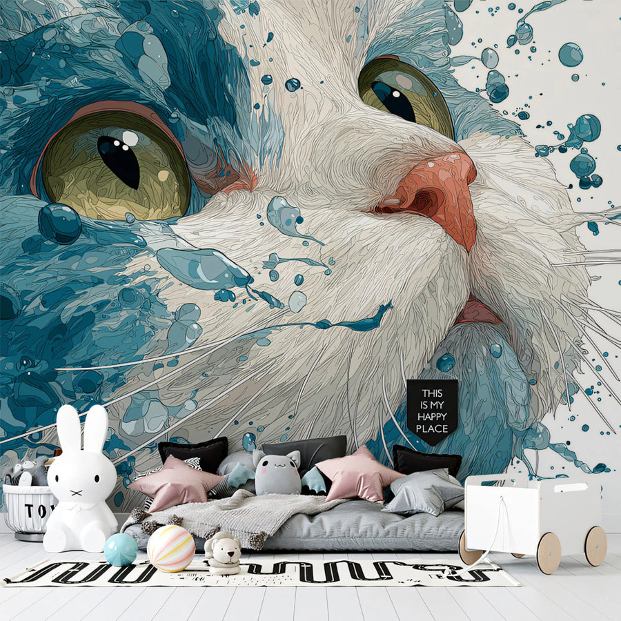 Cat Splash Portrait Mural Wallpaper — Dynamic Blue Liquid Art Mural Wallpaper