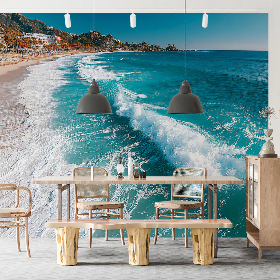 Turquoise Coastal Wave Mural Wallpaper — Refreshing Seaside View Mural Wallpaper