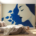 Woman Profile Blue Leaf Mural Wallpaper — Minimalist Sketch Art Mural Wallpaper - pure wallpaper artwork