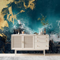 Aerial Ocean Coast Mural Wallpaper — Gold and Teal Wave Art Mural Wallpaper - pure wallpaper artwork