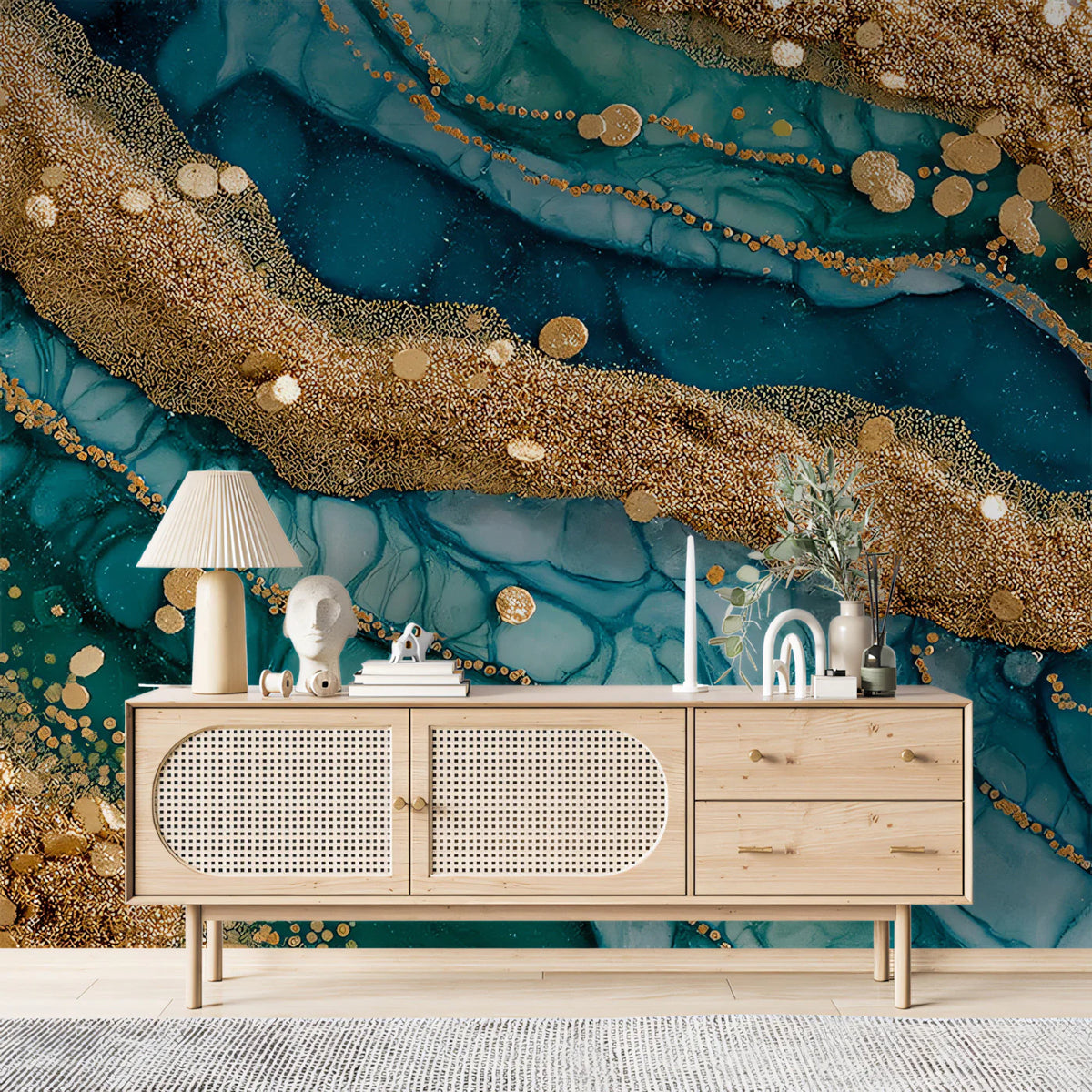 Teal and Gold Agate Slice Mural Wallpaper — Modern Fluid Art Mural Wallpaper - pure wallpaper artwork