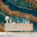 Teal and Gold Agate Slice Mural Wallpaper — Modern Fluid Art Mural Wallpaper - pure wallpaper artwork