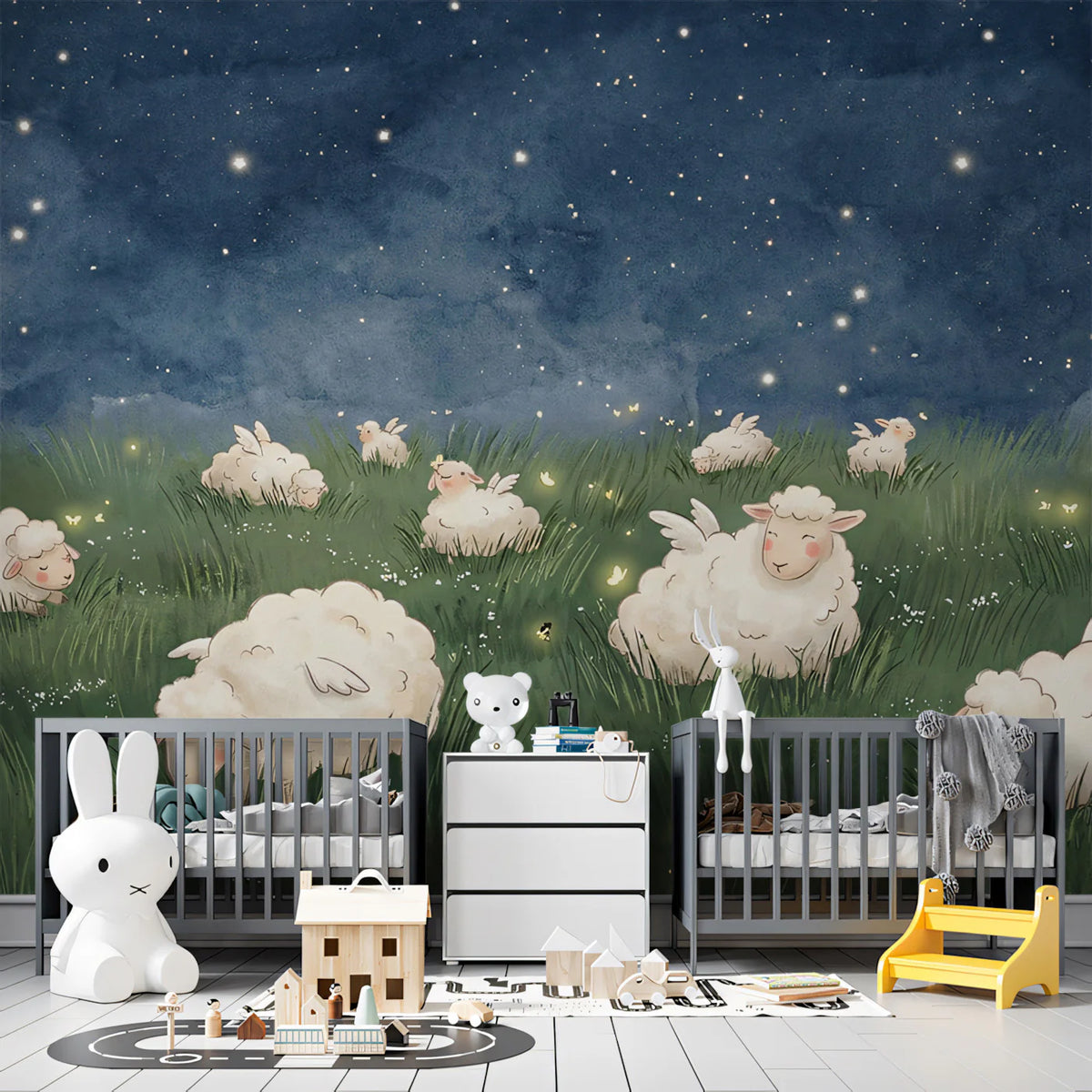 Winged Sheep Starry Meadow Mural Wallpaper — Whimsical Night Sky Mural Wallpaper - pure wallpaper artwork