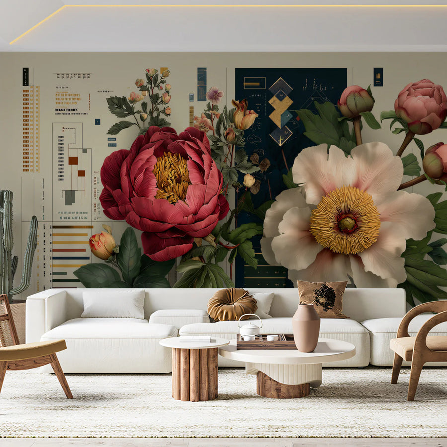 Vintage Peony Botanical Study Mural Wallpaper — Antique Aesthetic Mural Wallpaper