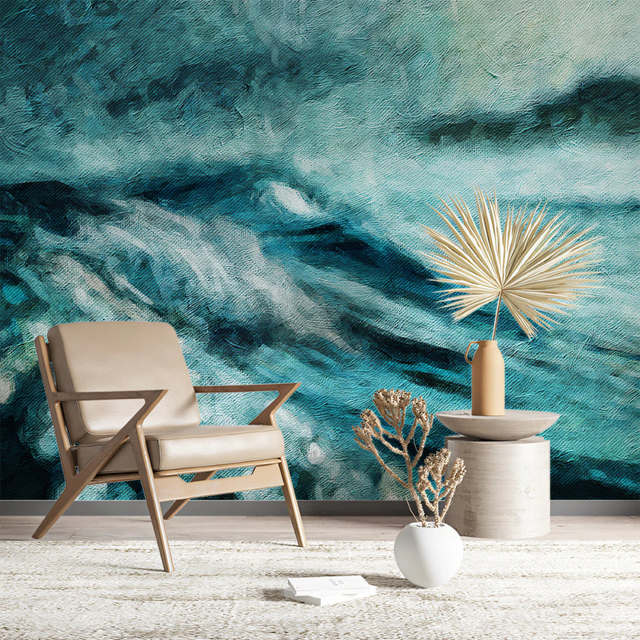 Impressionist Seascape Mural Wallpaper — Deep Teal Ocean Waves Mural Wallpaper