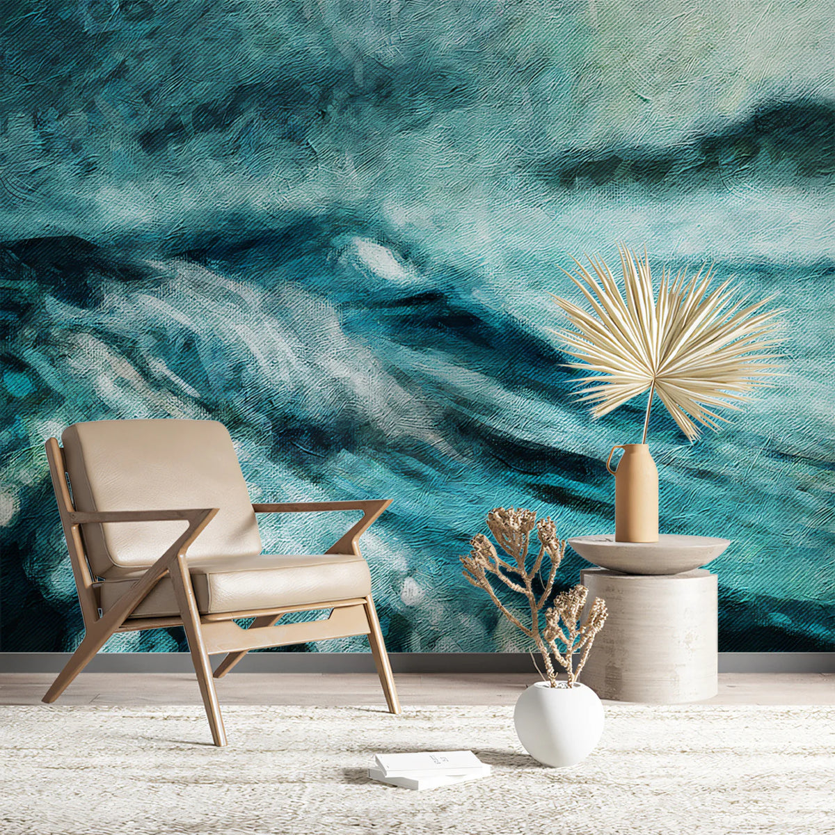 Impressionist Seascape Mural Wallpaper — Deep Teal Ocean Waves Mural Wallpaper - pure wallpaper artwork